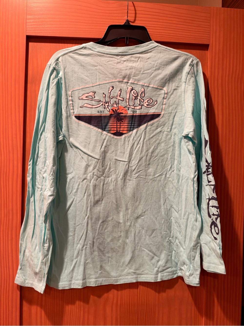 Salt Life Women’s Teal Blue Sunset V-Neck Long Sleeve T-Shirt NWT M
